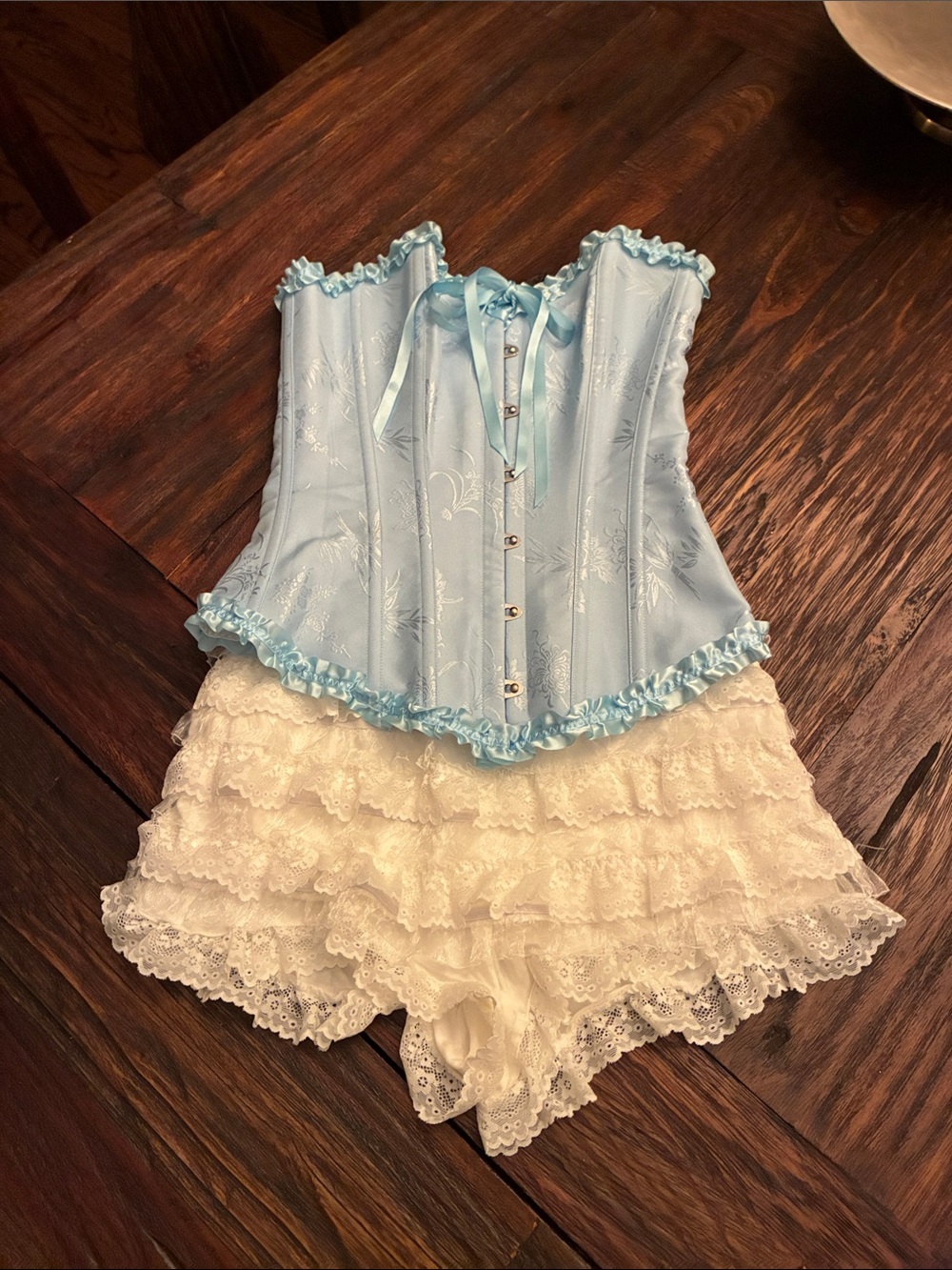 SHEIN Light Blue Satin Corset with Cream Lace Ruffle Shorts